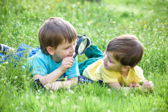Two little boys with magnifying glass in grass
